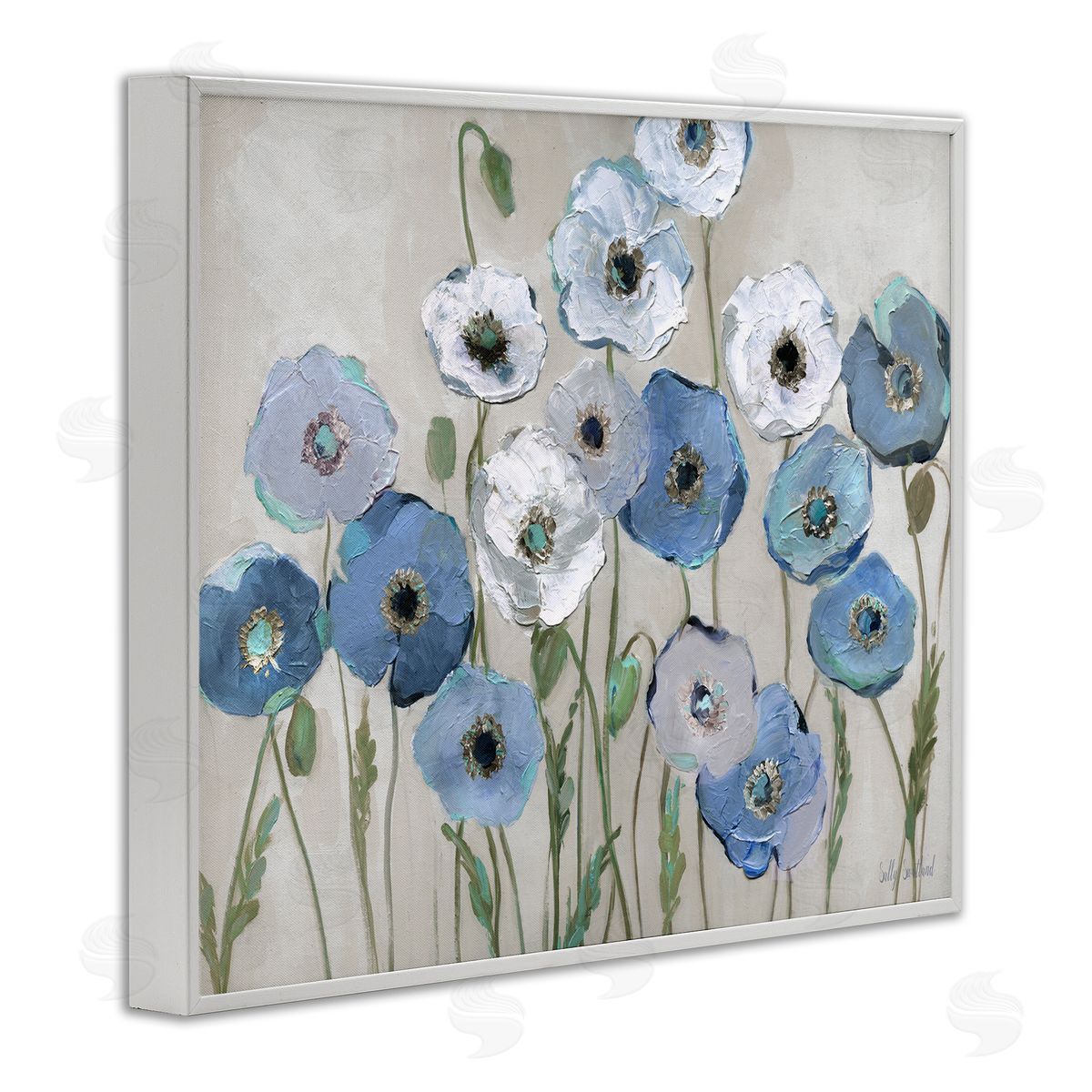 Round Blue & White Poppies White Frame Print Wall Art, Home Decor by Sally Swatland
