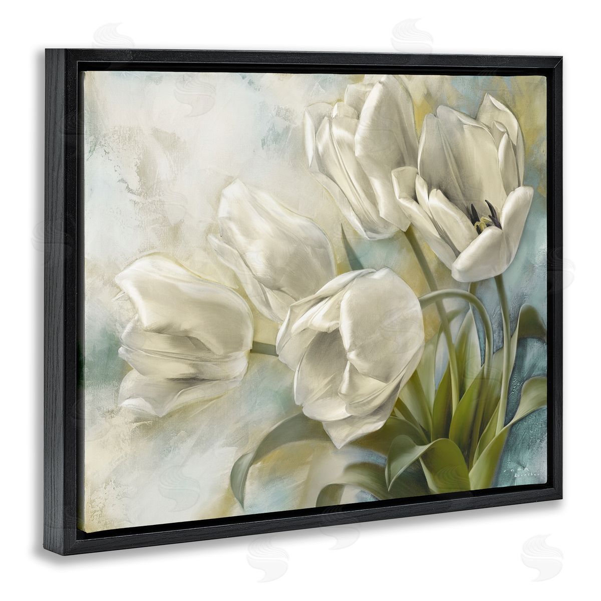 Curling Tulip Blooms Black Floating Frame Canvas Wall Art, Home Decor by Igor Levashov