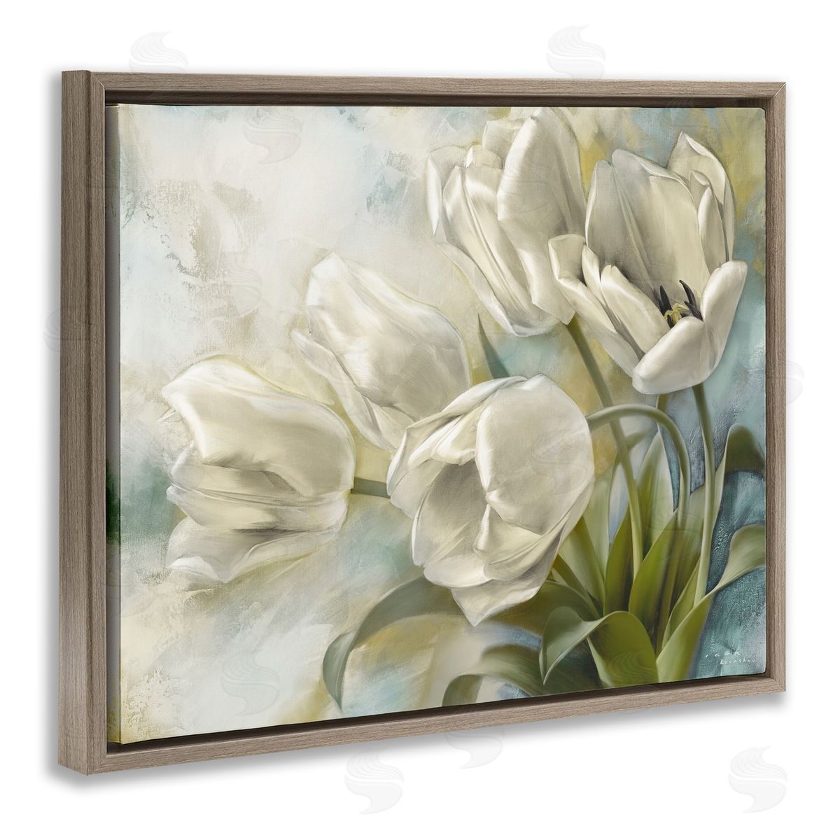 Curling Tulip Blooms Brown Floating Frame Canvas Wall Art, Home Decor by Igor Levashov