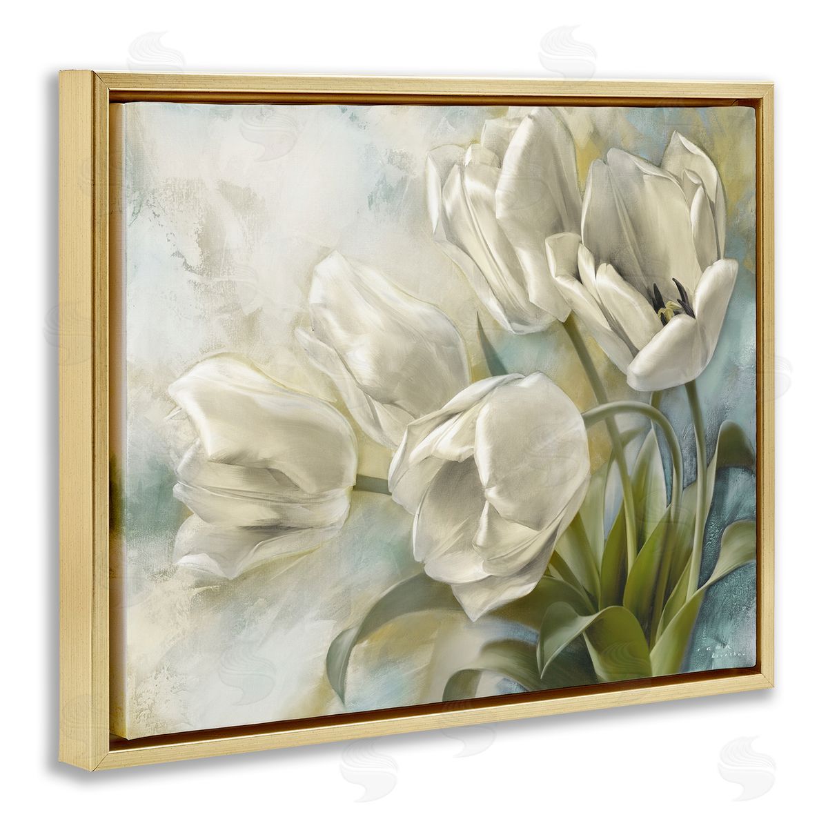Curling Tulip Blooms Gold Floating Frame Canvas Wall Art, Home Decor by Igor Levashov