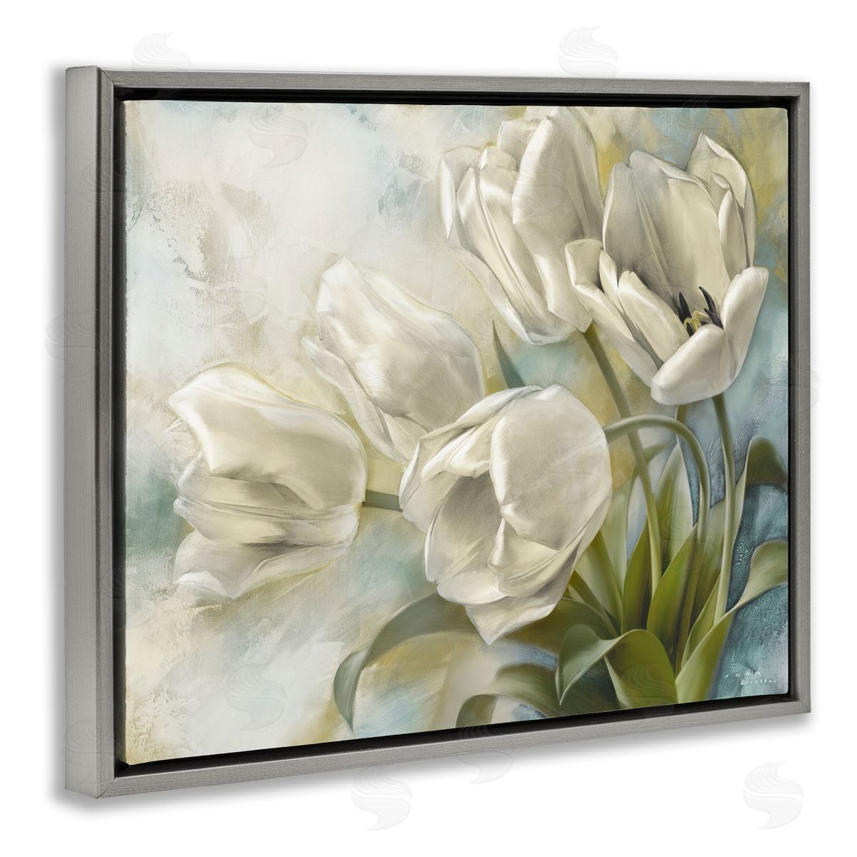 Curling Tulip Blooms Grey Floating Frame Canvas Wall Art, Home Decor by Igor Levashov