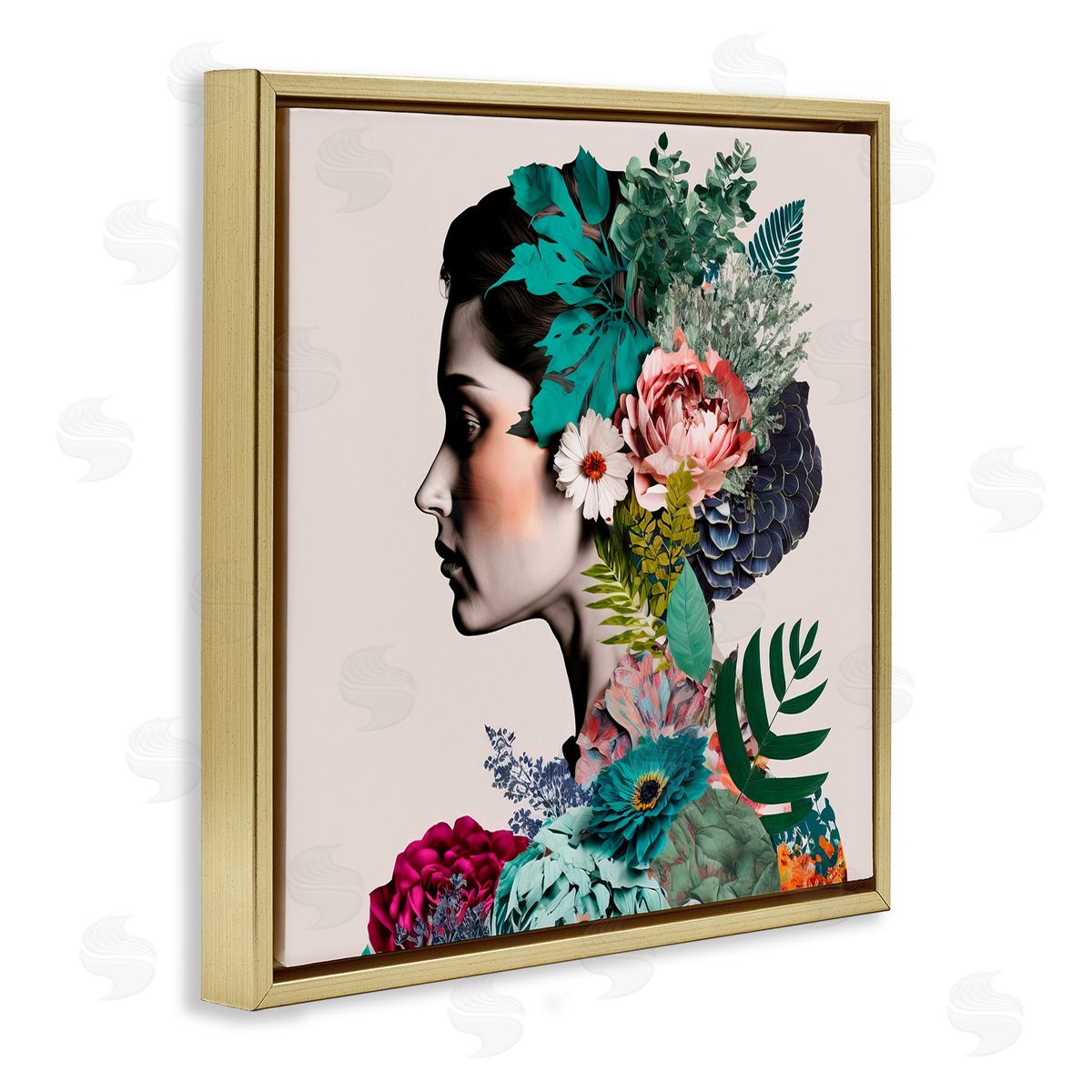 Blooming Flowers Visage Gold Floating Frame Canvas Wall Art, Home Decor by Incado