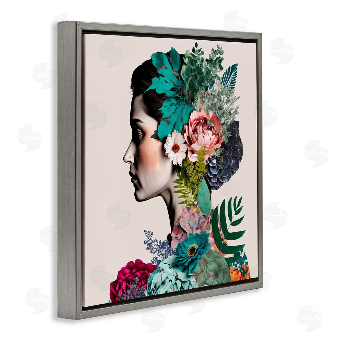 Blooming Flowers Visage Grey Floating Frame Canvas Wall Art, Home Decor by Incado