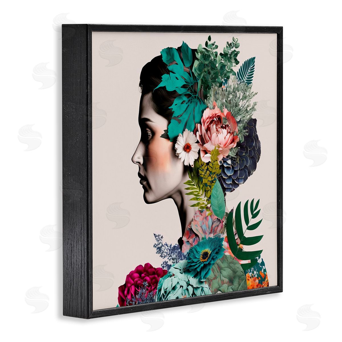 Blooming Flowers Visage Black Frame Print Wall Art, Home Decor by Incado