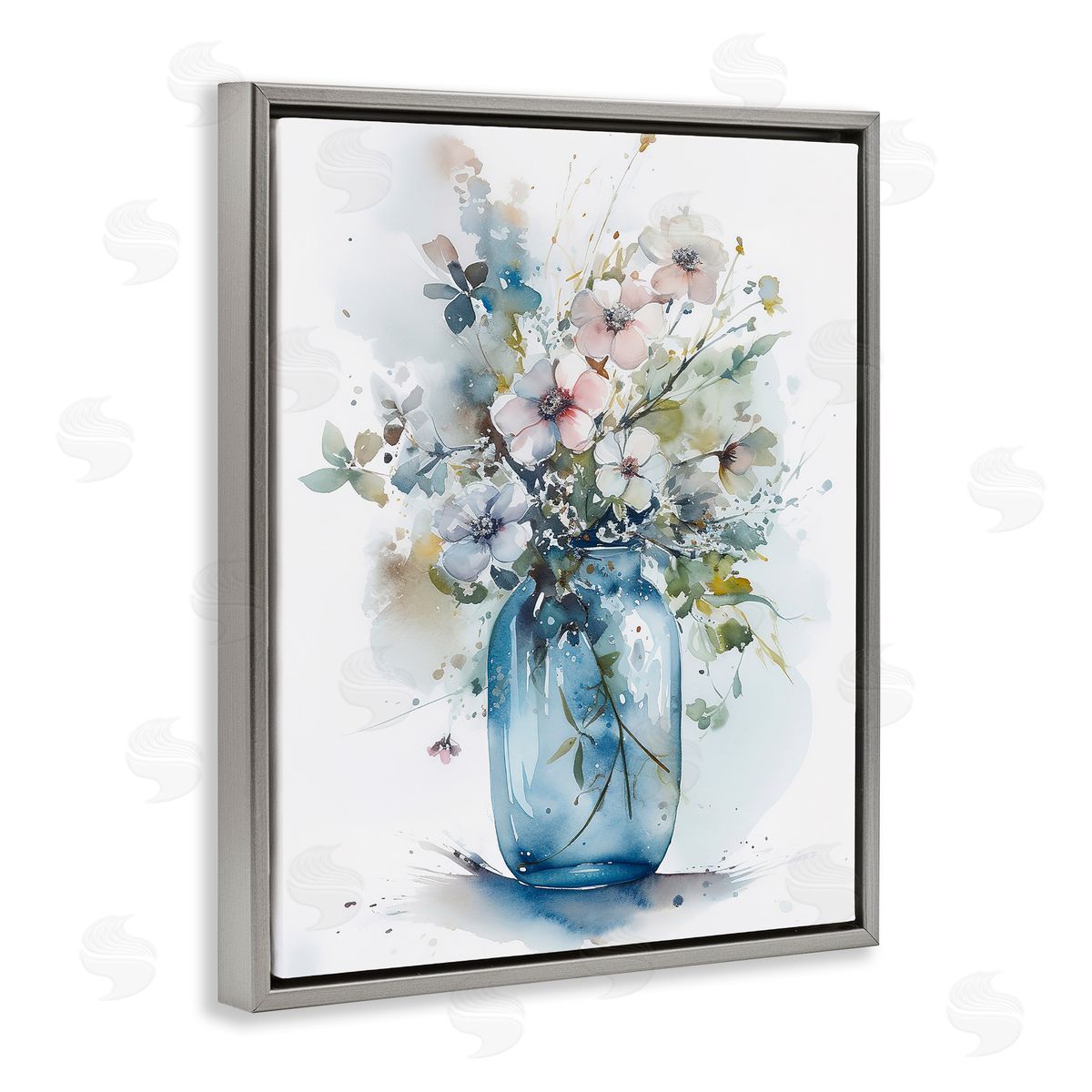 Cherry Blossoms Country Jar Grey Floating Frame Canvas Wall Art, Home Decor by Incado