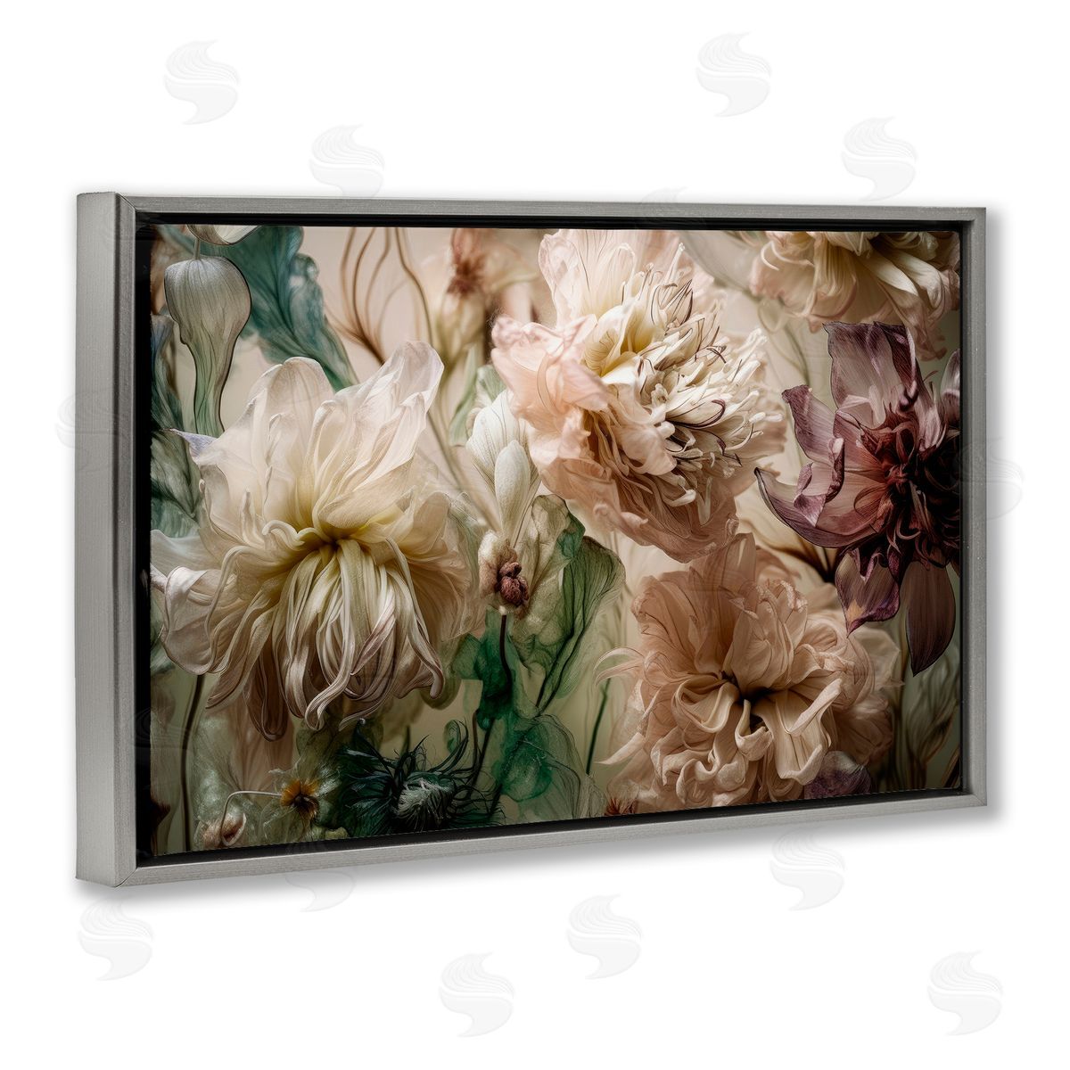 Blush Toned Flowers Grey Floating Frame Canvas Wall Art, Home Decor by Incado