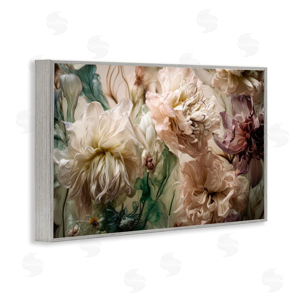 Blush Toned Flowers Grey Frame Print Wall Art, Home Decor by Incado