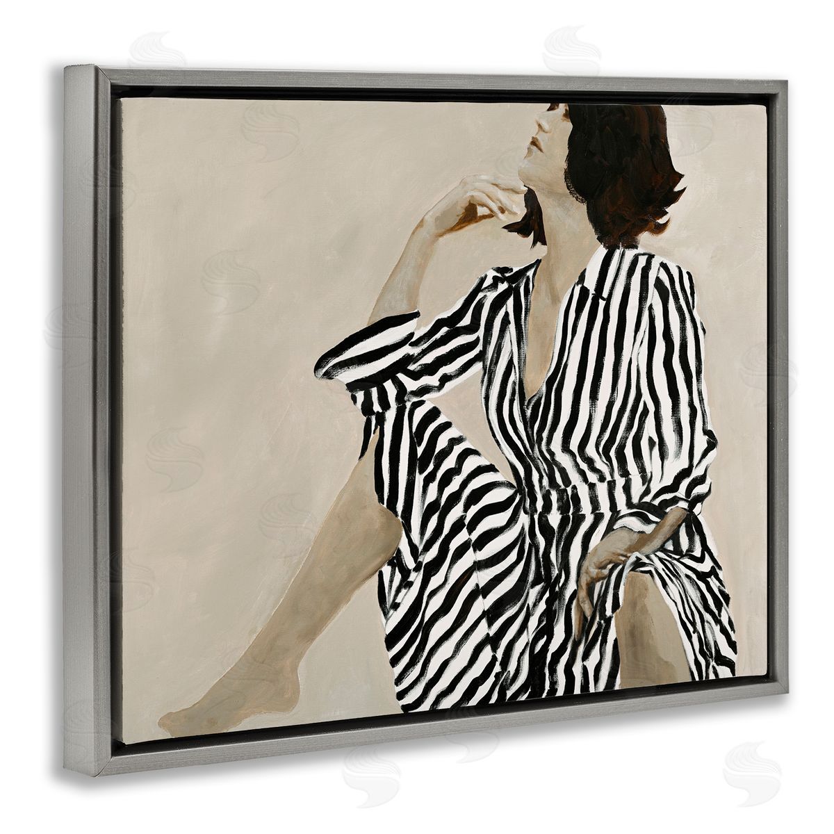 Stylish Woman in Thought Grey Floating Frame Canvas Wall Art, Home Decor by Design Fabrikken
