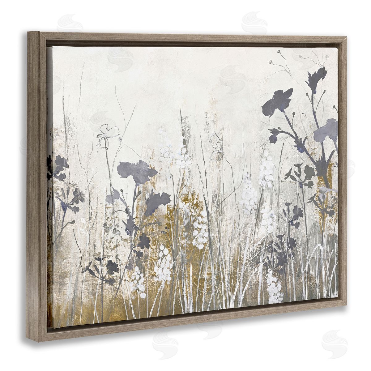 Grey Flower Silhouettes Brown Floating Frame Canvas Wall Art, Home Decor by Design Fabrikken