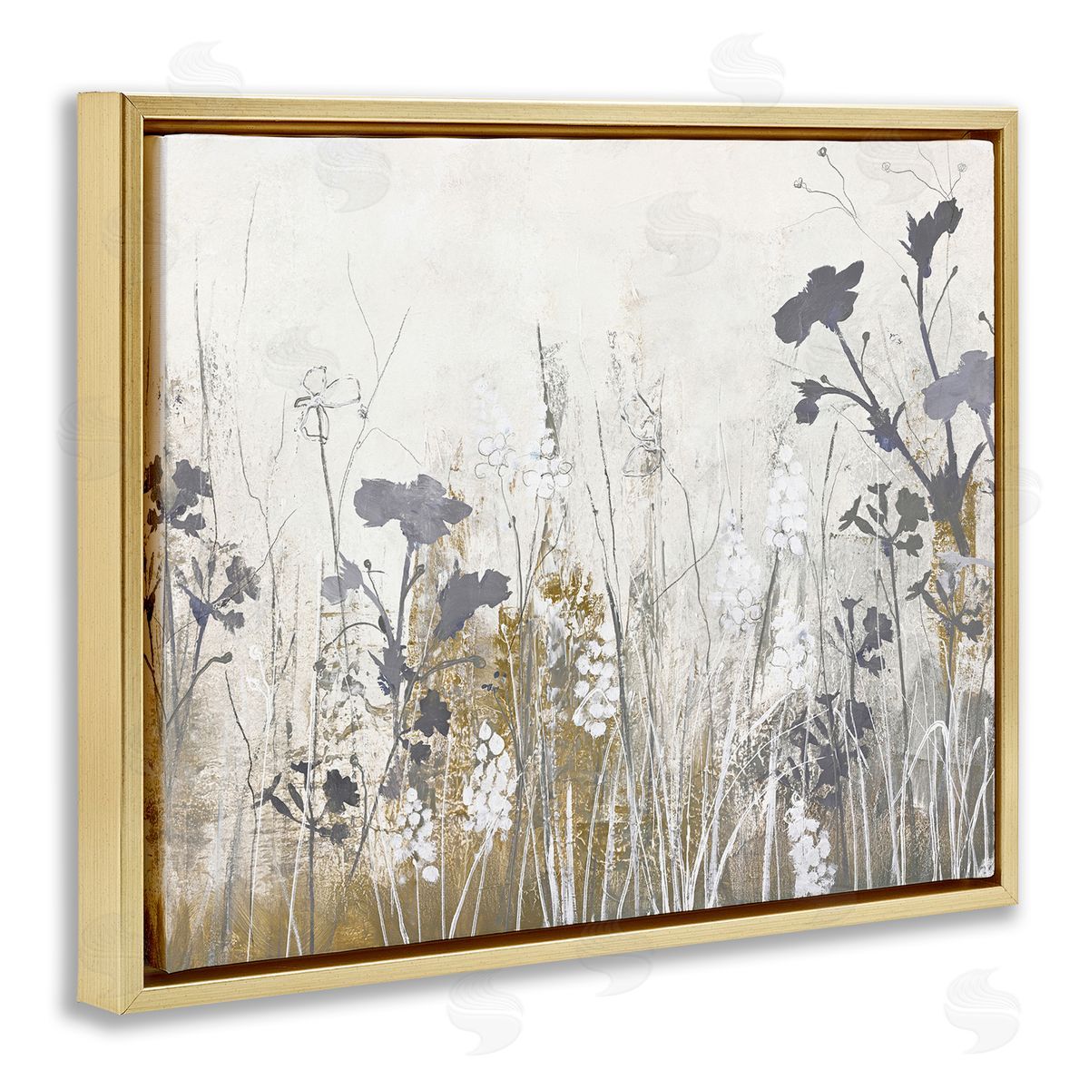 Grey Flower Silhouettes Gold Floating Frame Canvas Wall Art, Home Decor by Design Fabrikken