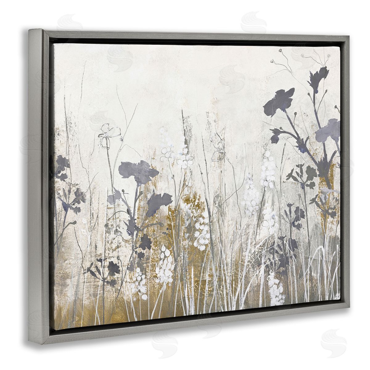 Grey Flower Silhouettes Grey Floating Frame Canvas Wall Art, Home Decor by Design Fabrikken