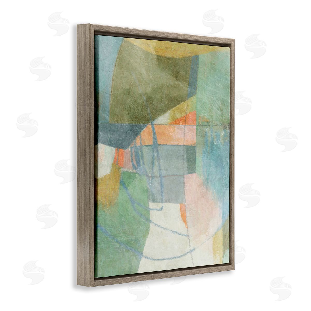 Pastel & Green Shapes Brown Floating Frame Canvas Wall Art, Home Decor by Suzanne Nicoll