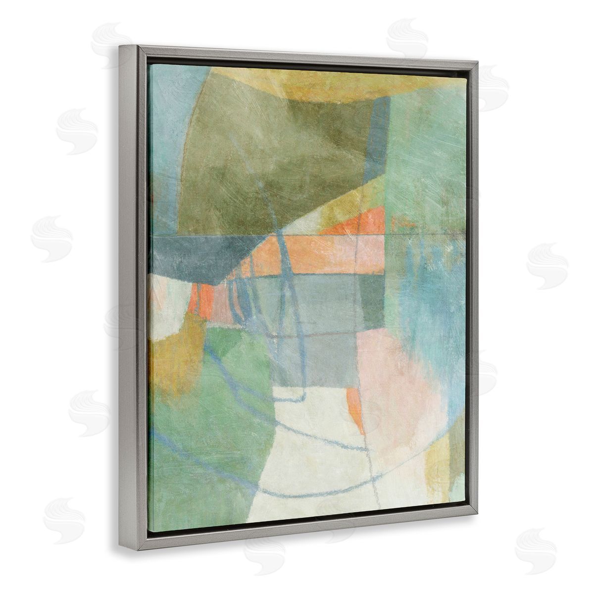 Pastel & Green Shapes Grey Floating Frame Canvas Wall Art, Home Decor by Suzanne Nicoll