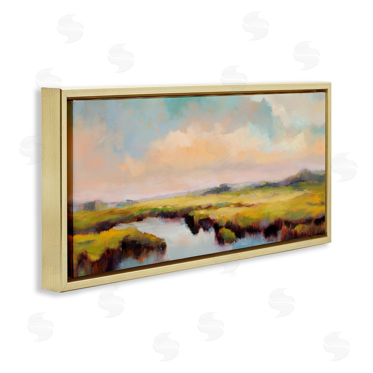 Sunrise over Rural Stream Gold Floating Frame Canvas Wall Art, Home Decor by Odile