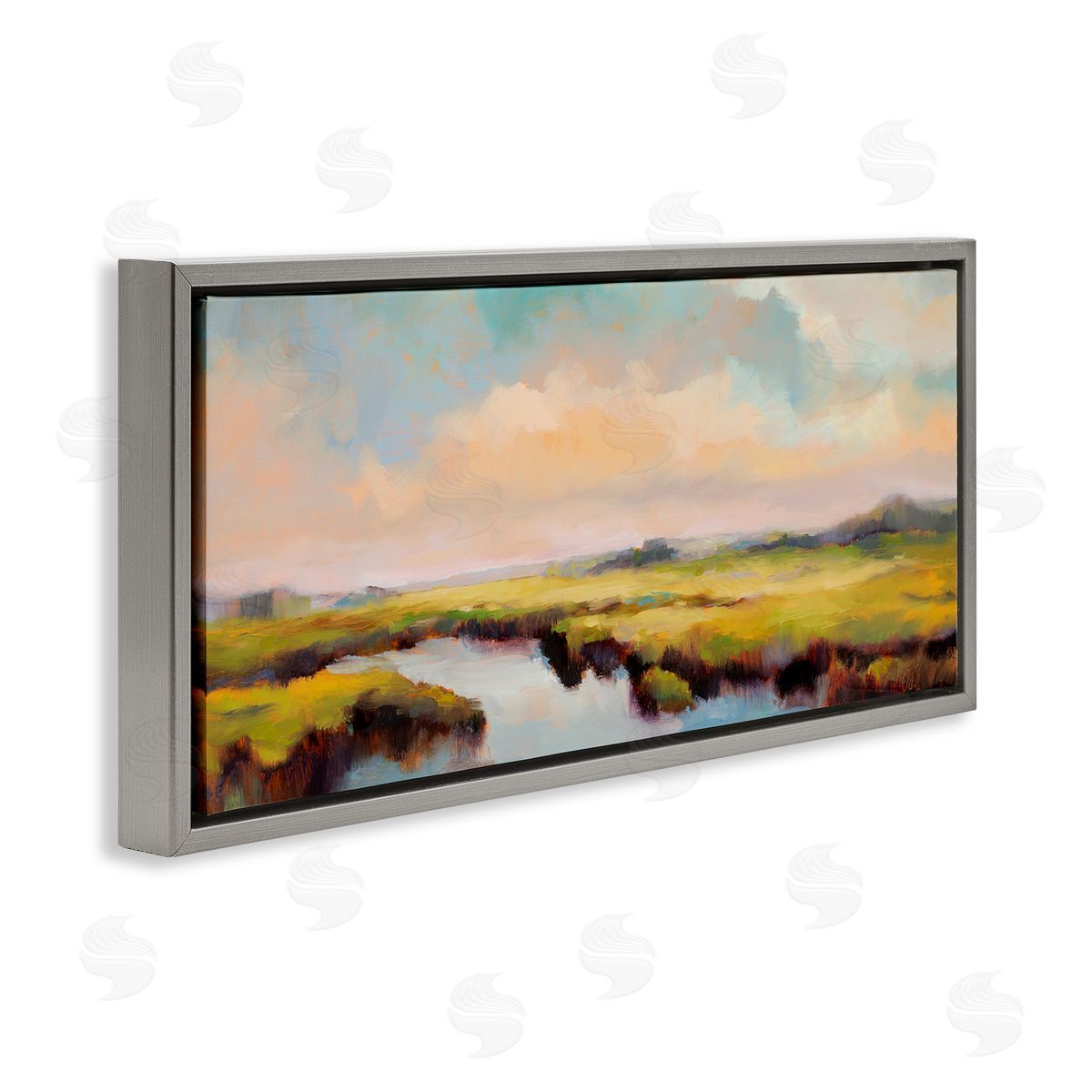 Sunrise over Rural Stream Grey Floating Frame Canvas Wall Art, Home Decor by Odile