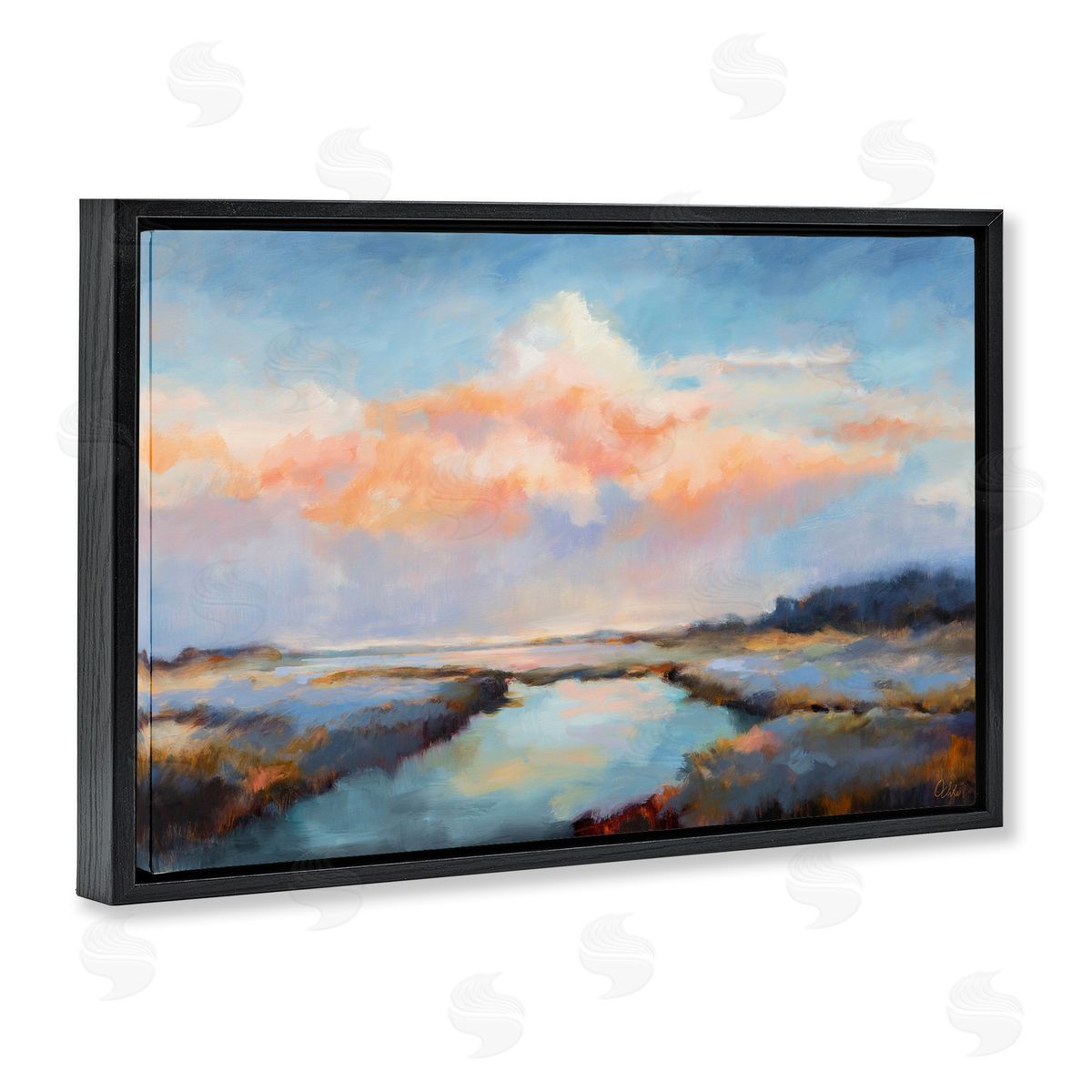 River with Pastel Clouds Black Floating Frame Canvas Wall Art, Home Decor by Odile