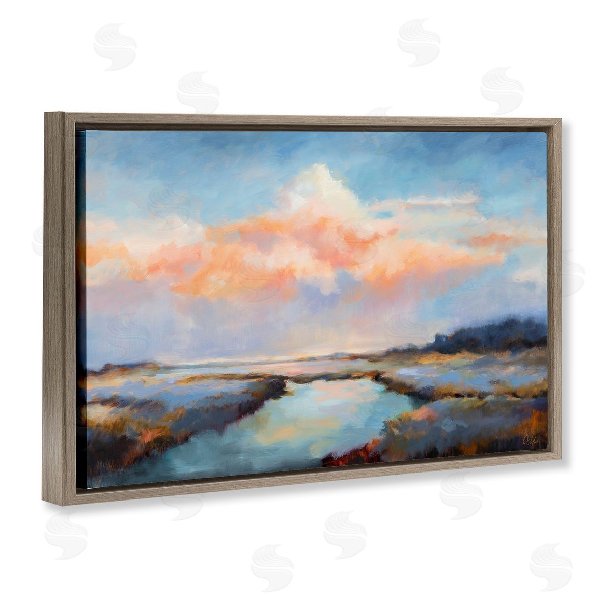 River with Pastel Clouds Brown Floating Frame Canvas Wall Art, Home Decor by Odile
