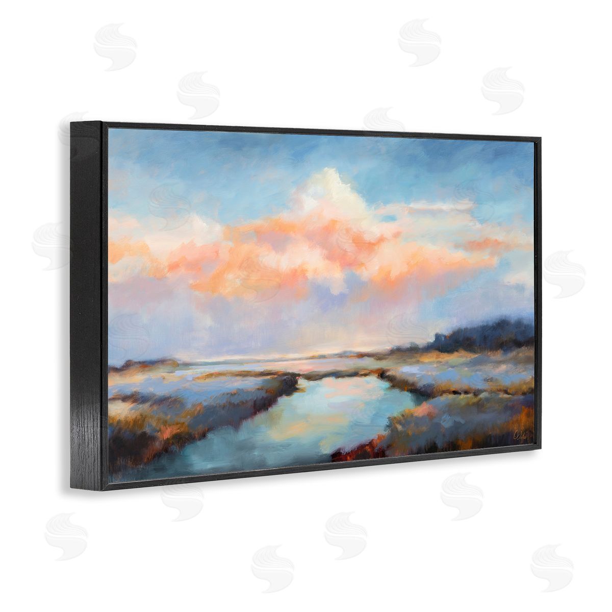 River with Pastel Clouds Black Frame Print Wall Art, Home Decor by Odile