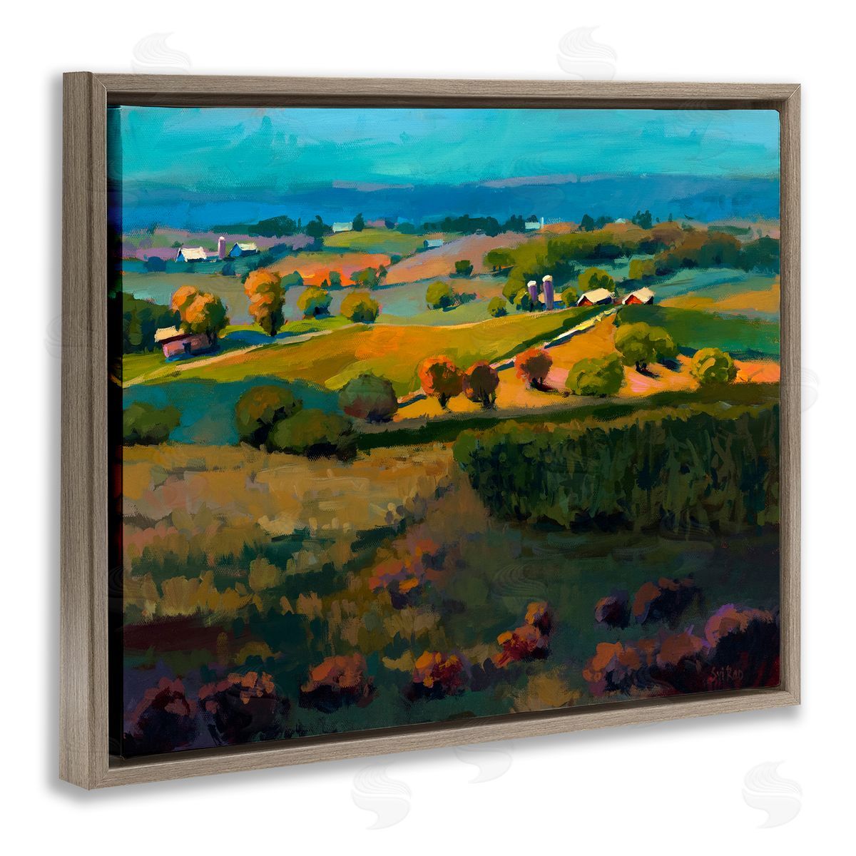 Countryside Farms Landscape Brown Floating Frame Canvas Wall Art, Home Decor by Sri Rao