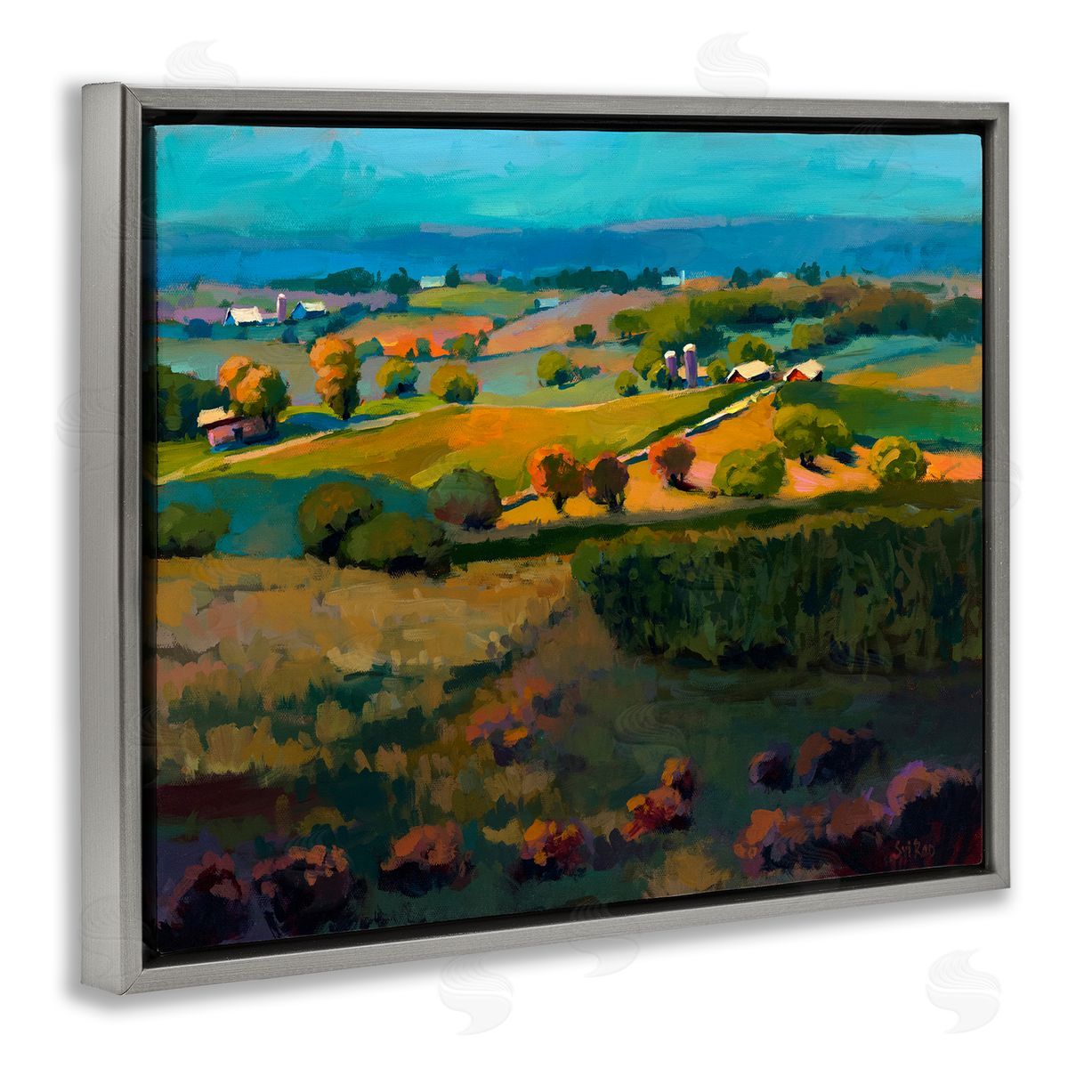 Countryside Farms Landscape Grey Floating Frame Canvas Wall Art, Home Decor by Sri Rao