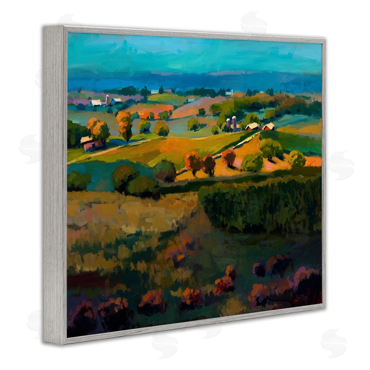 Countryside Farms Landscape Grey Frame Print Wall Art, Home Decor by Sri Rao