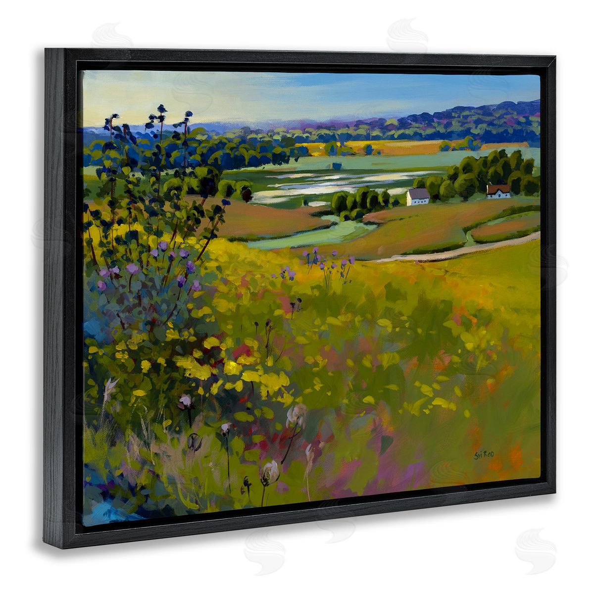 Country Cottages View Black Floating Frame Canvas Wall Art, Home Decor by Sri Rao