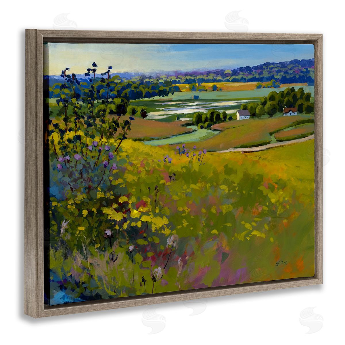 Country Cottages View Brown Floating Frame Canvas Wall Art, Home Decor by Sri Rao