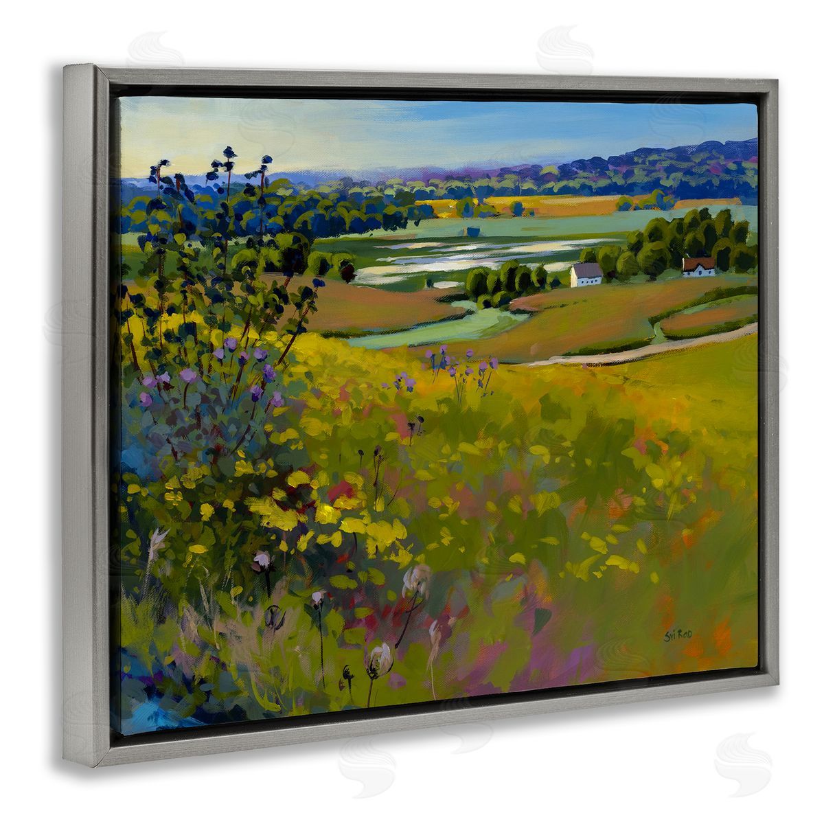 Country Cottages View Grey Floating Frame Canvas Wall Art, Home Decor by Sri Rao