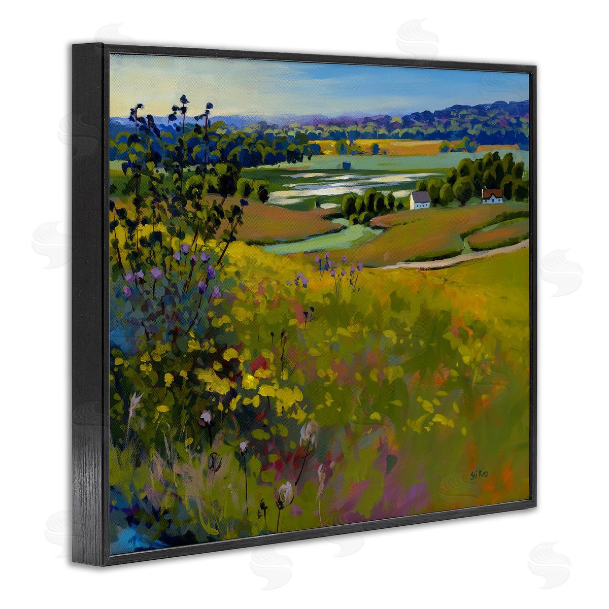 Country Cottages View Black Frame Print Wall Art, Home Decor by Sri Rao
