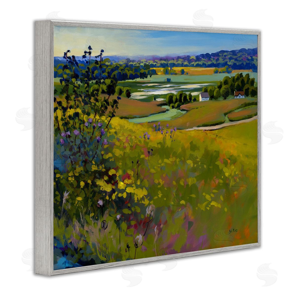 Country Cottages View Grey Frame Print Wall Art, Home Decor by Sri Rao