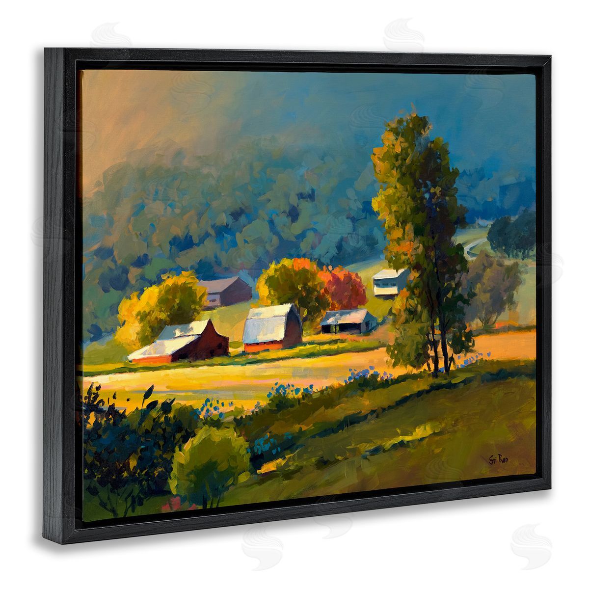 Early Fall Farmland Black Floating Frame Canvas Wall Art, Home Decor by Sri Rao