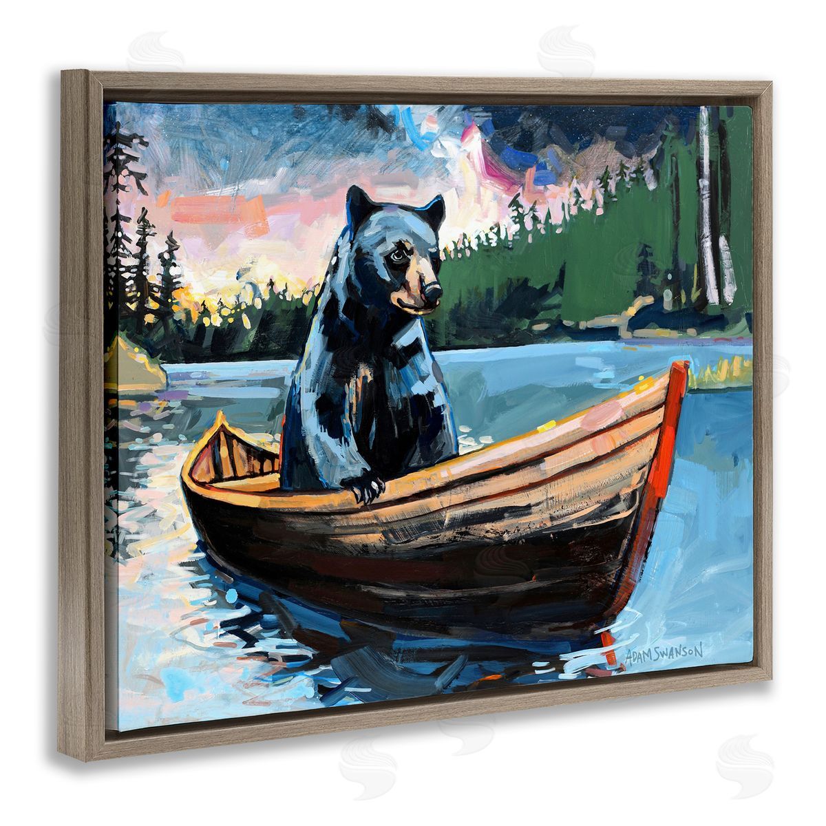 Boating Black Bear Brown Floating Frame Canvas Wall Art, Home Decor by Adam Swanson