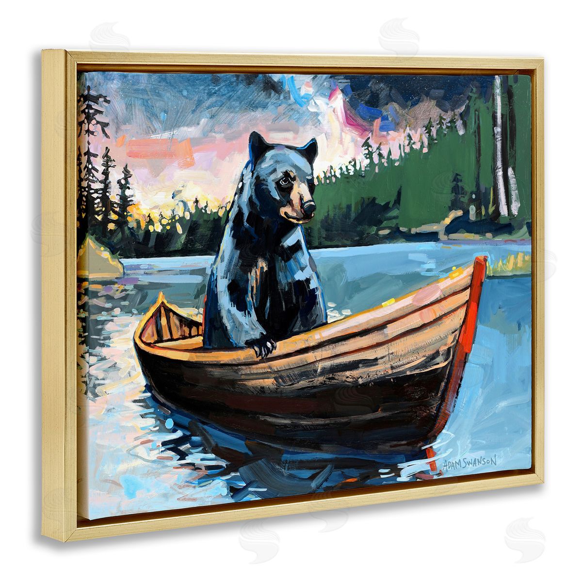 Boating Black Bear Gold Floating Frame Canvas Wall Art, Home Decor by Adam Swanson
