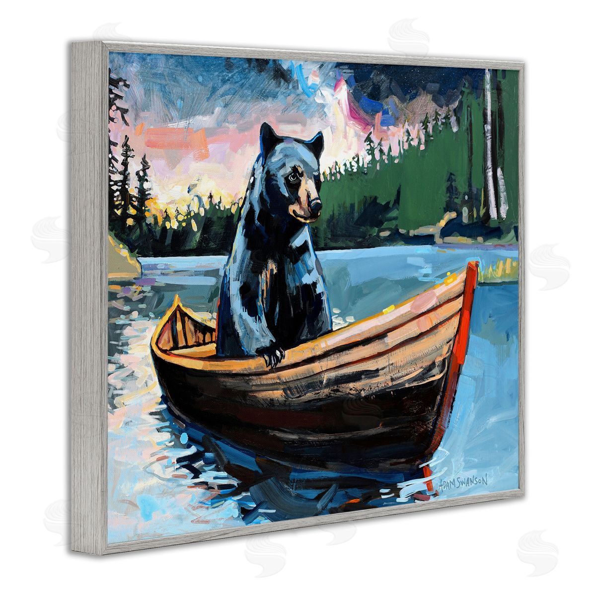 Boating Black Bear Grey Frame Print Wall Art, Home Decor by Adam Swanson