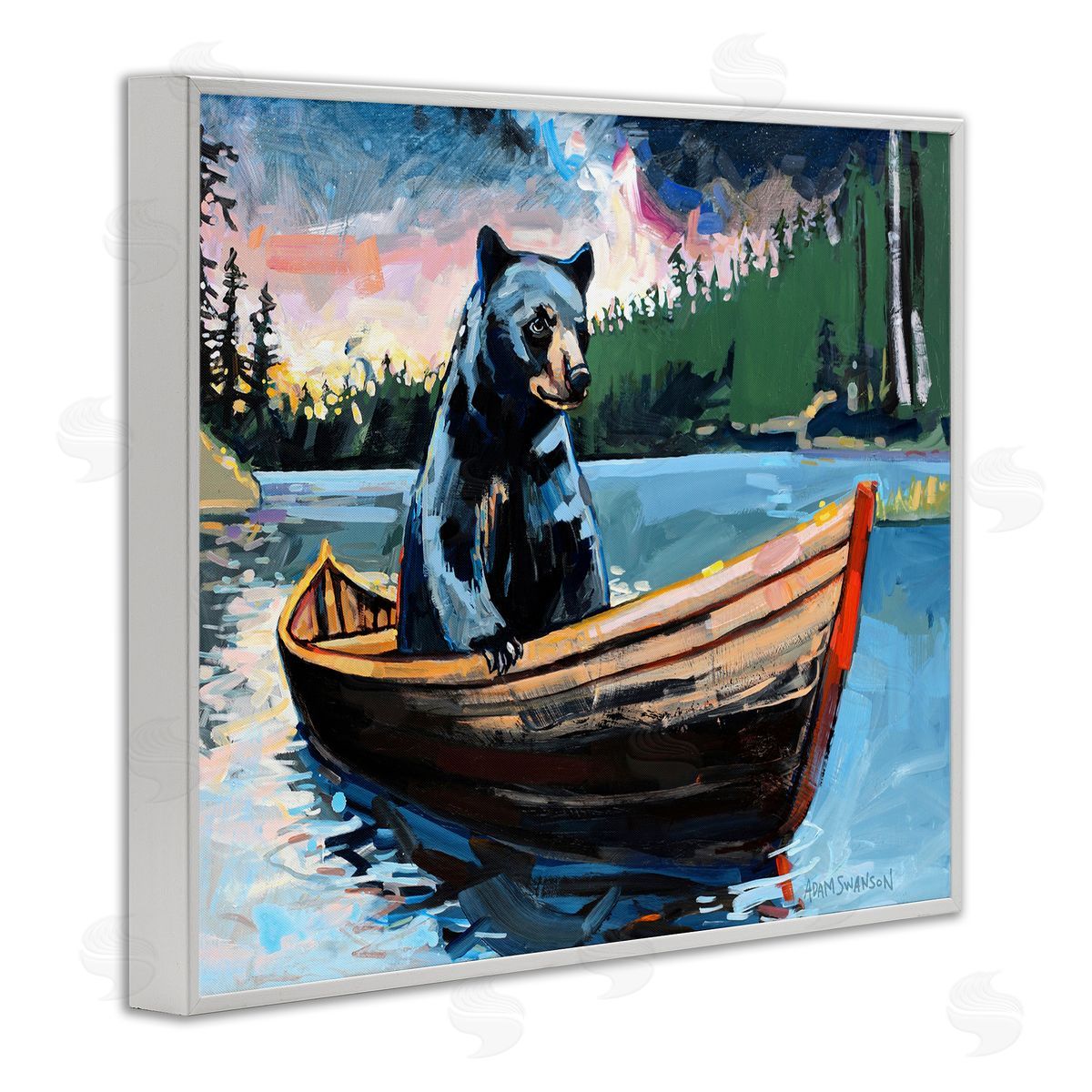 Boating Black Bear White Frame Print Wall Art, Home Decor by Adam Swanson
