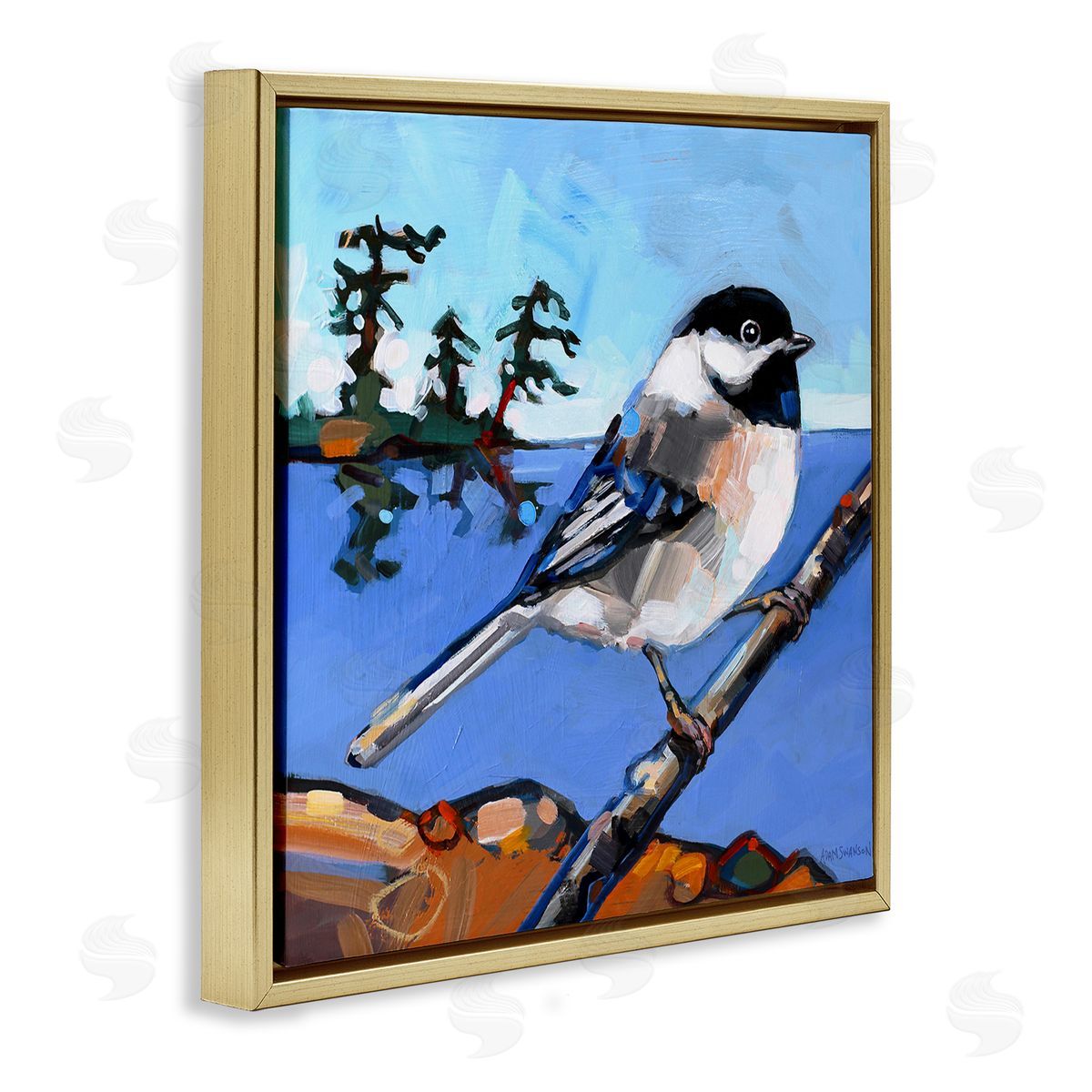 Swallow Bird Perched Gold Floating Frame Canvas Wall Art, Home Decor by Adam Swanson