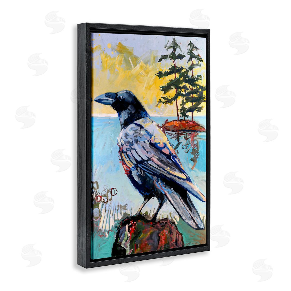 Crow in Modern Landscape Black Floating Frame Canvas Wall Art, Home Decor by Adam Swanson