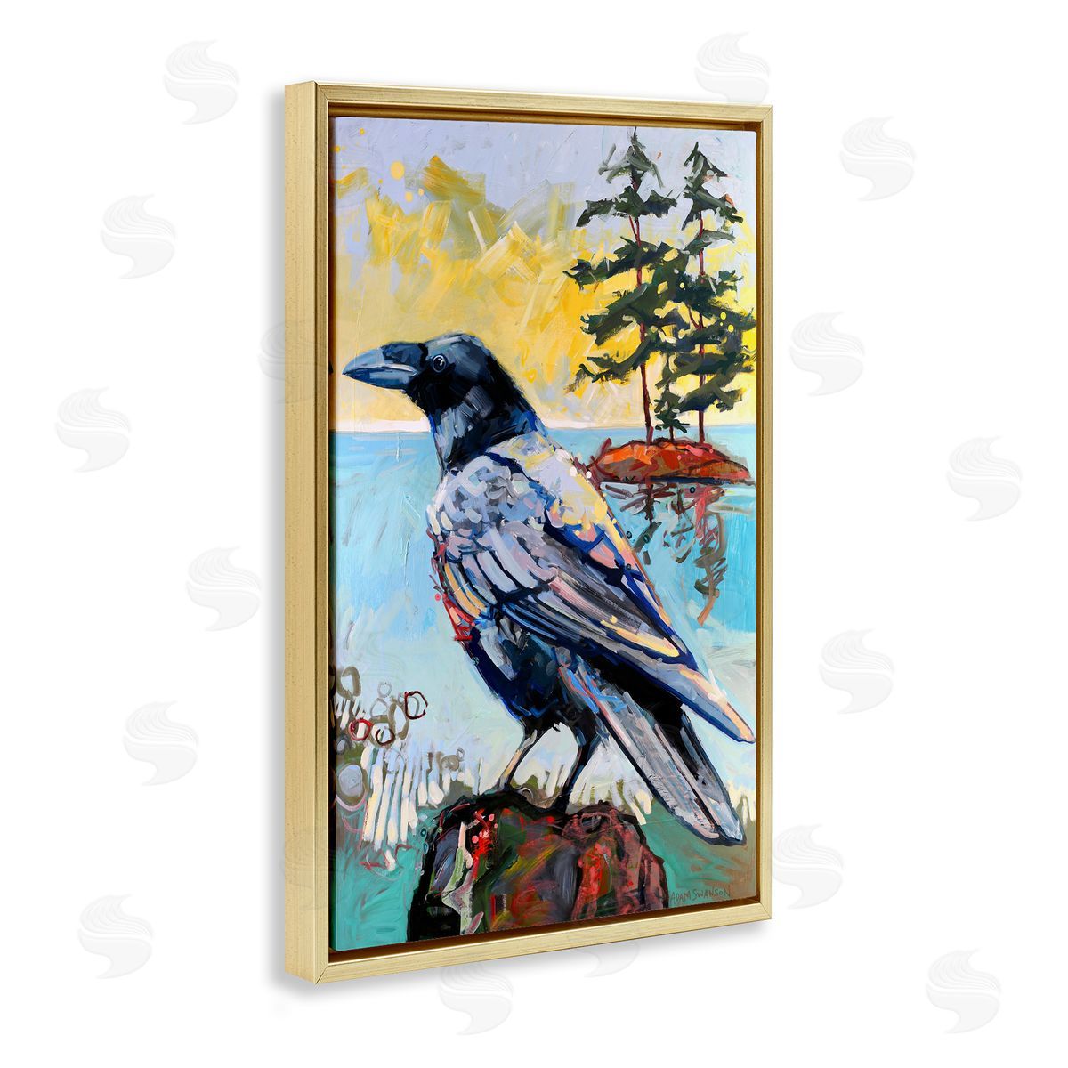 Crow in Modern Landscape Gold Floating Frame Canvas Wall Art, Home Decor by Adam Swanson
