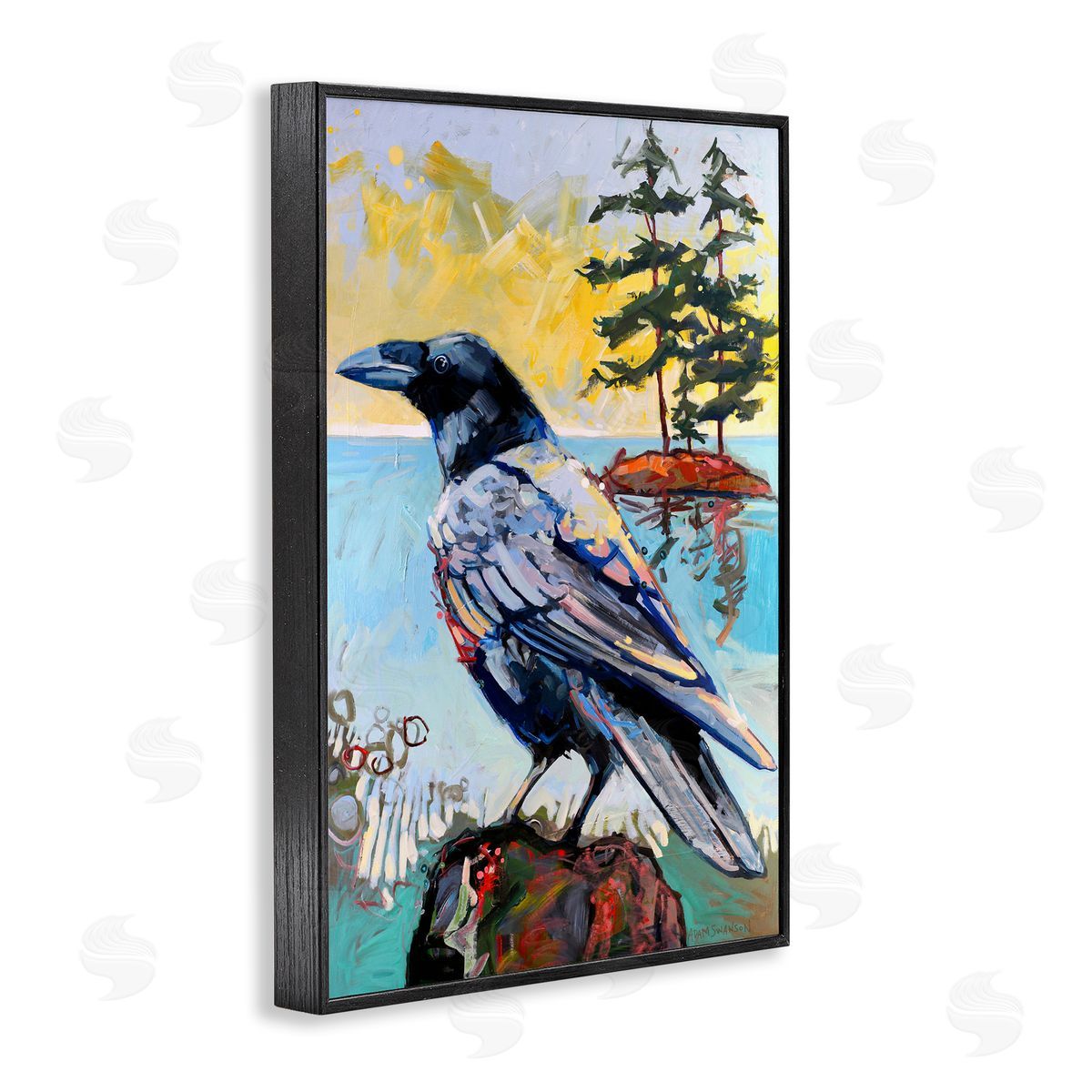 Crow in Modern Landscape Black Frame Print Wall Art, Home Decor by Adam Swanson