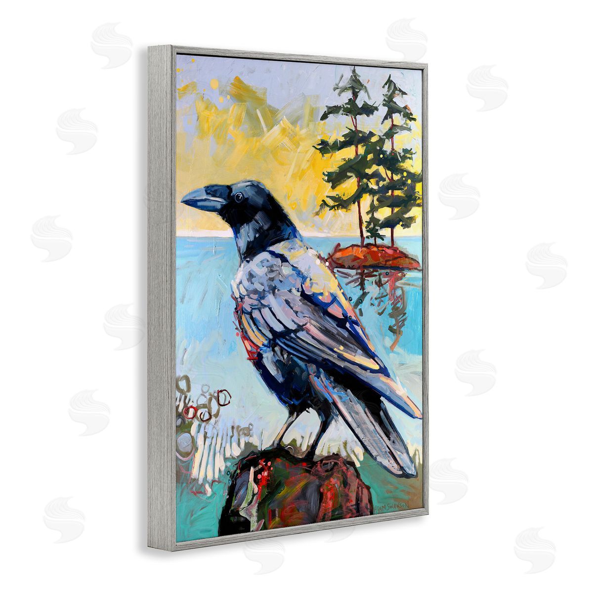 Crow in Modern Landscape Grey Frame Print Wall Art, Home Decor by Adam Swanson