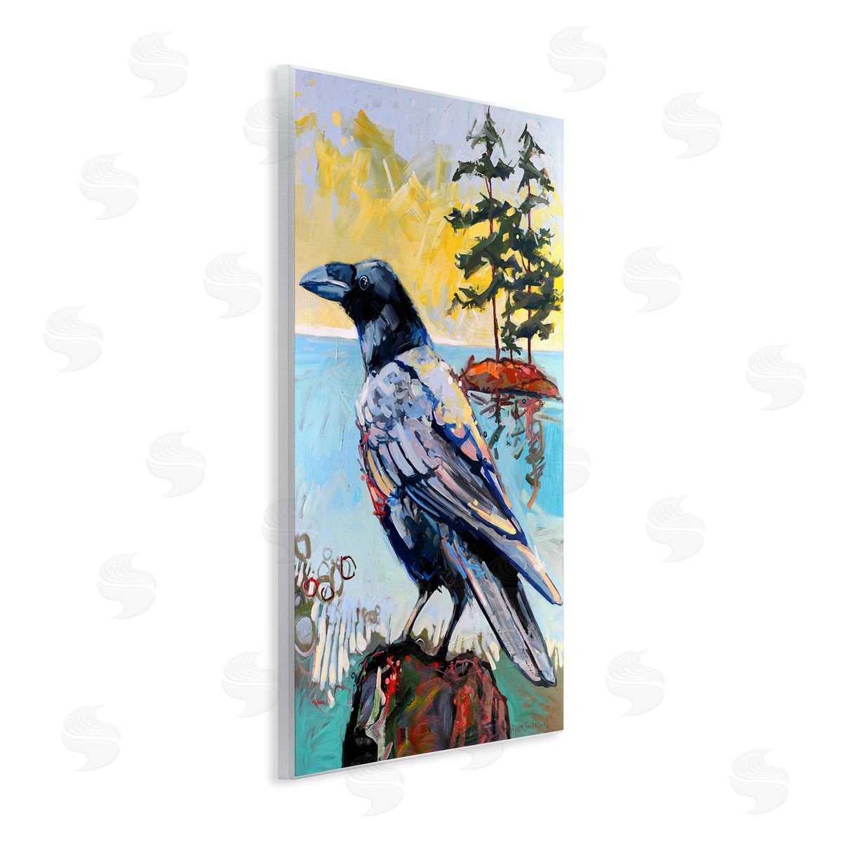 Crow in Modern Landscape Wood Plaque Wall Art, Home Decor by Adam Swanson