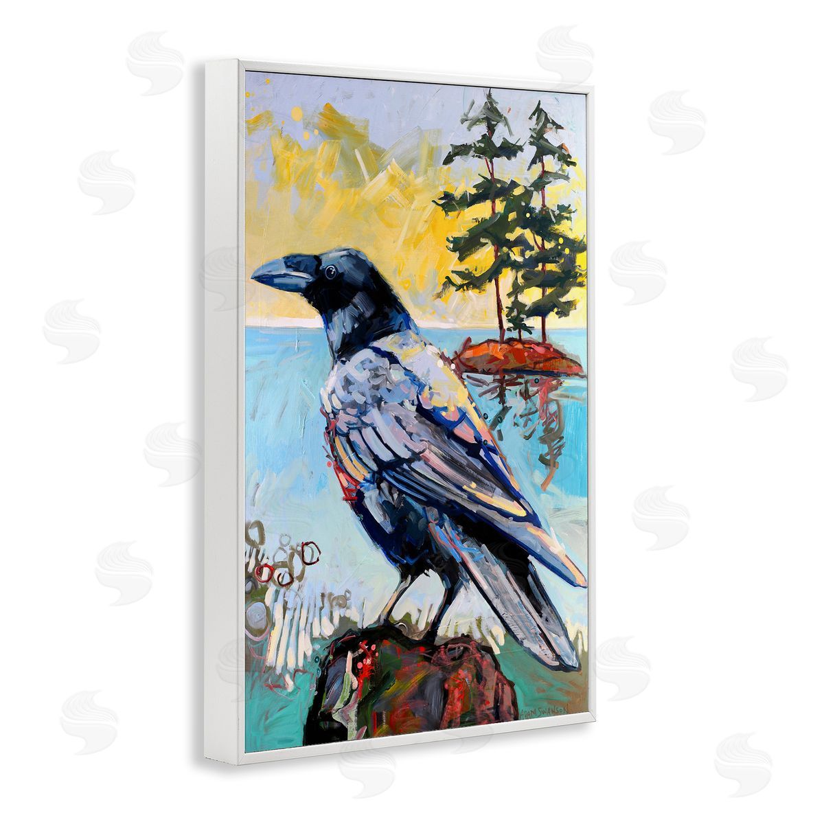Crow in Modern Landscape White Frame Print Wall Art, Home Decor by Adam Swanson