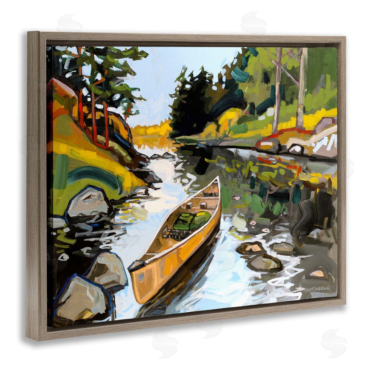 Canoe Through River Brown Floating Frame Canvas Wall Art, Home Decor by Adam Swanson