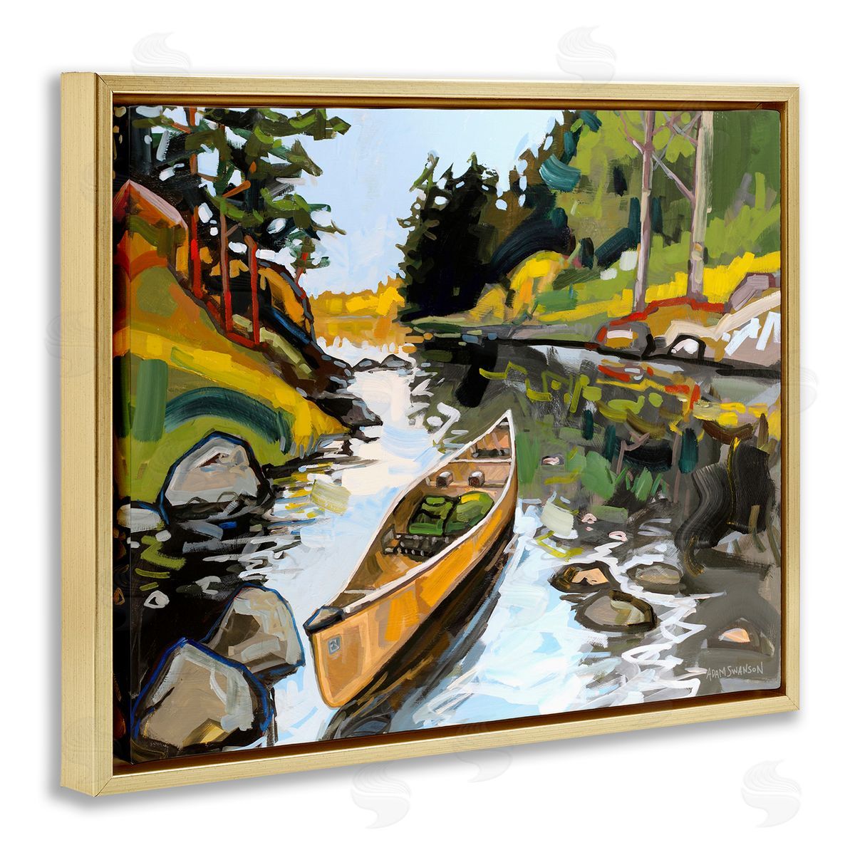 Canoe Through River Gold Floating Frame Canvas Wall Art, Home Decor by Adam Swanson