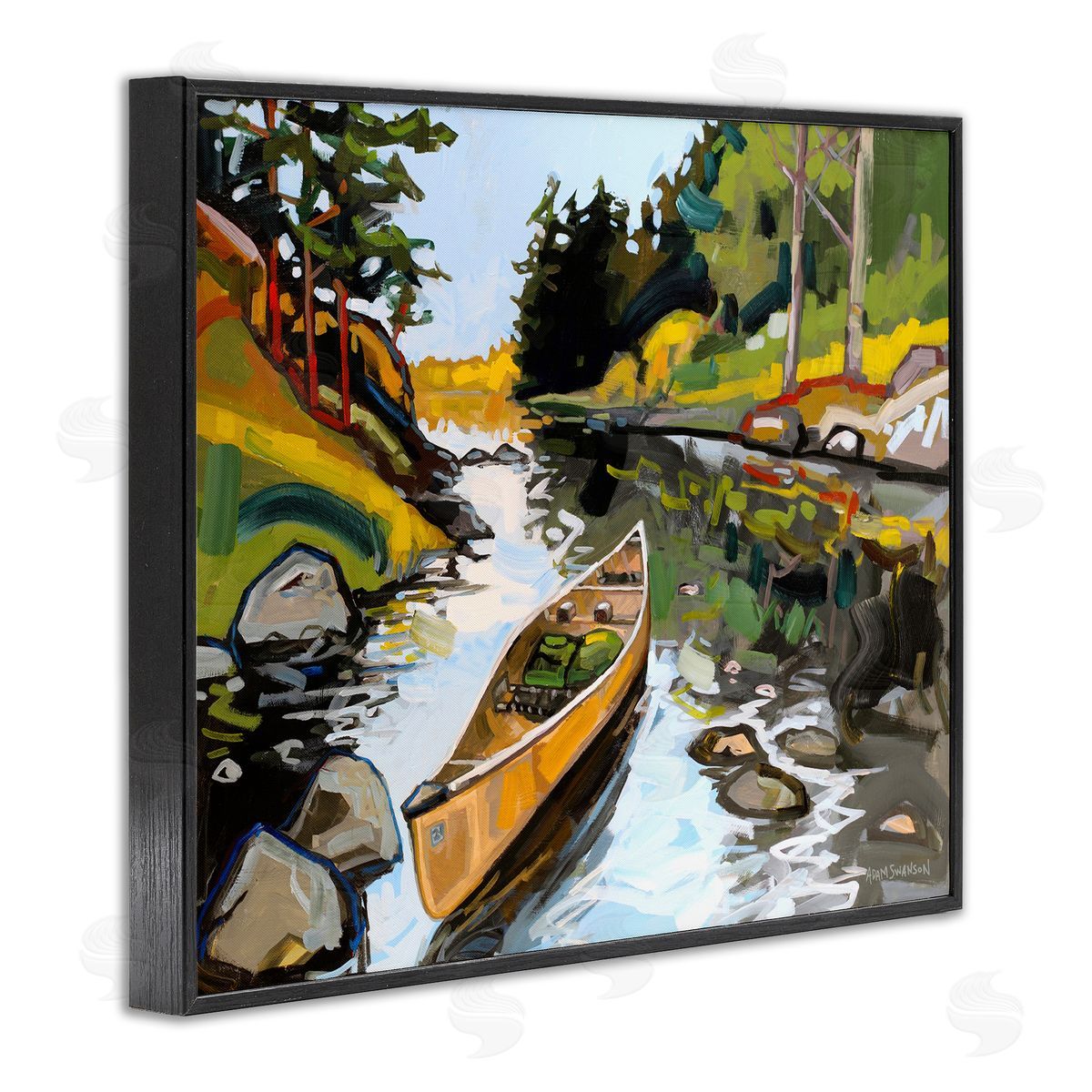 Canoe Through River Black Frame Print Wall Art, Home Decor by Adam Swanson