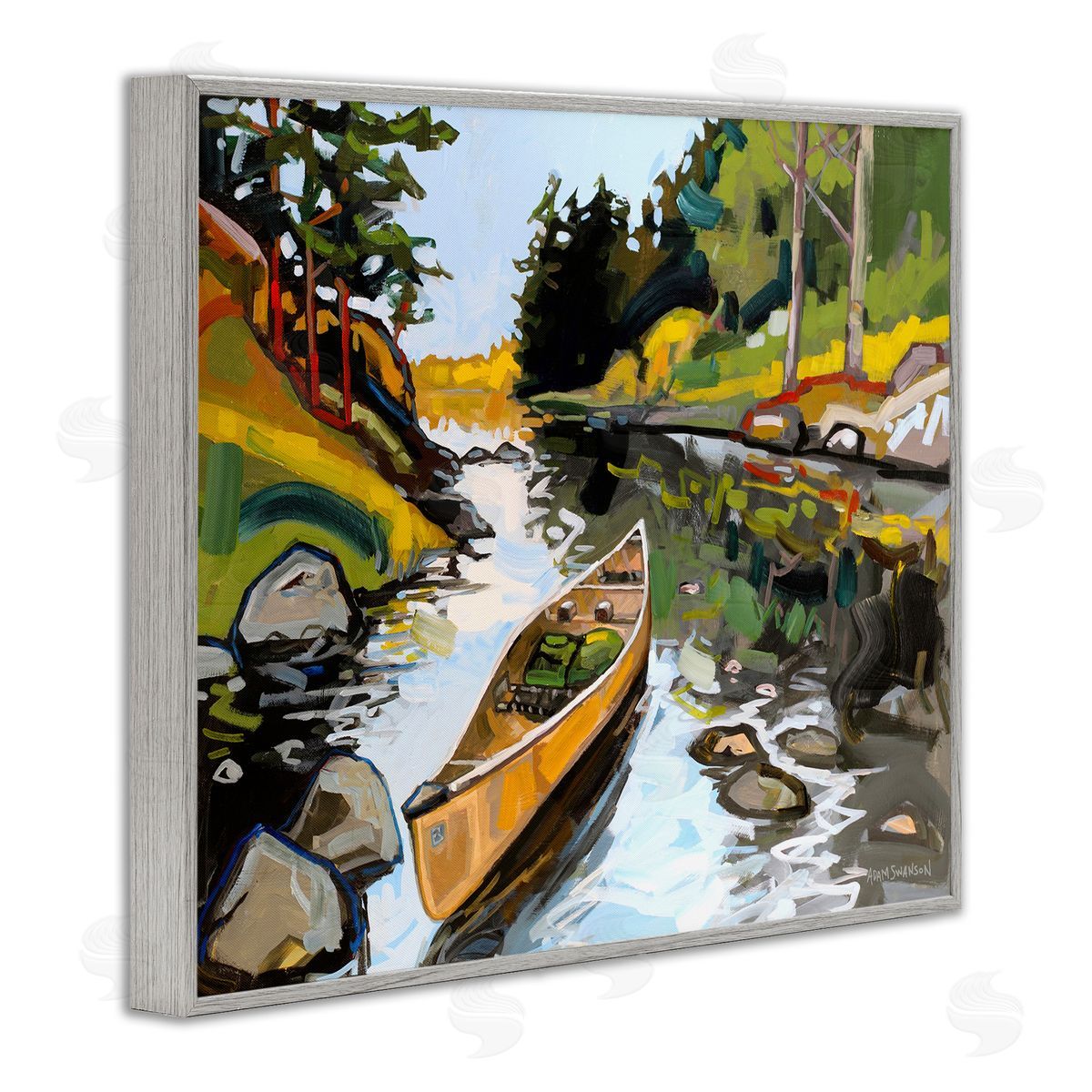 Canoe Through River Grey Frame Print Wall Art, Home Decor by Adam Swanson