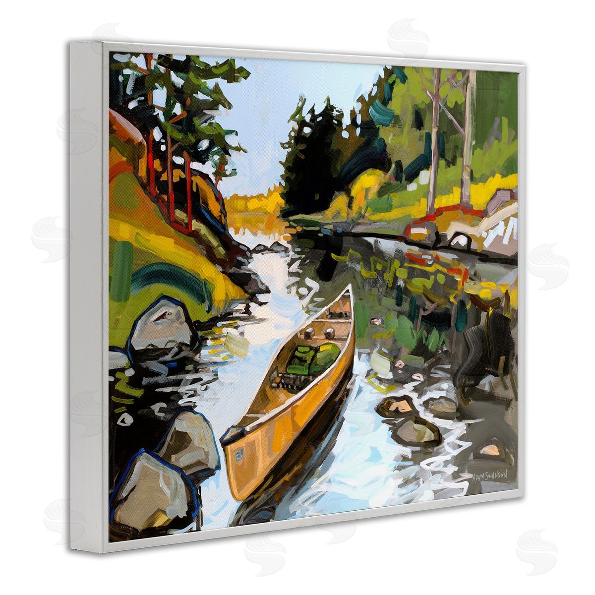 Canoe Through River White Frame Print Wall Art, Home Decor by Adam Swanson