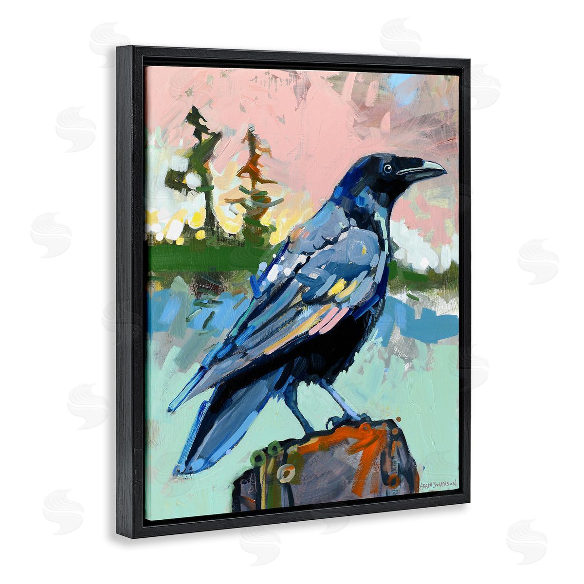 Modern Crow Portrait Black Floating Frame Canvas Wall Art, Home Decor by Adam Swanson