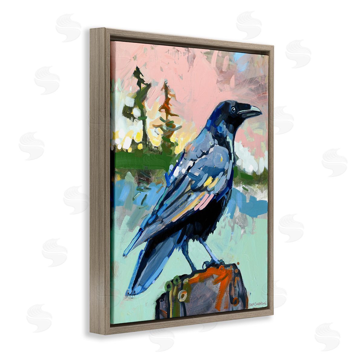 Modern Crow Portrait Brown Floating Frame Canvas Wall Art, Home Decor by Adam Swanson