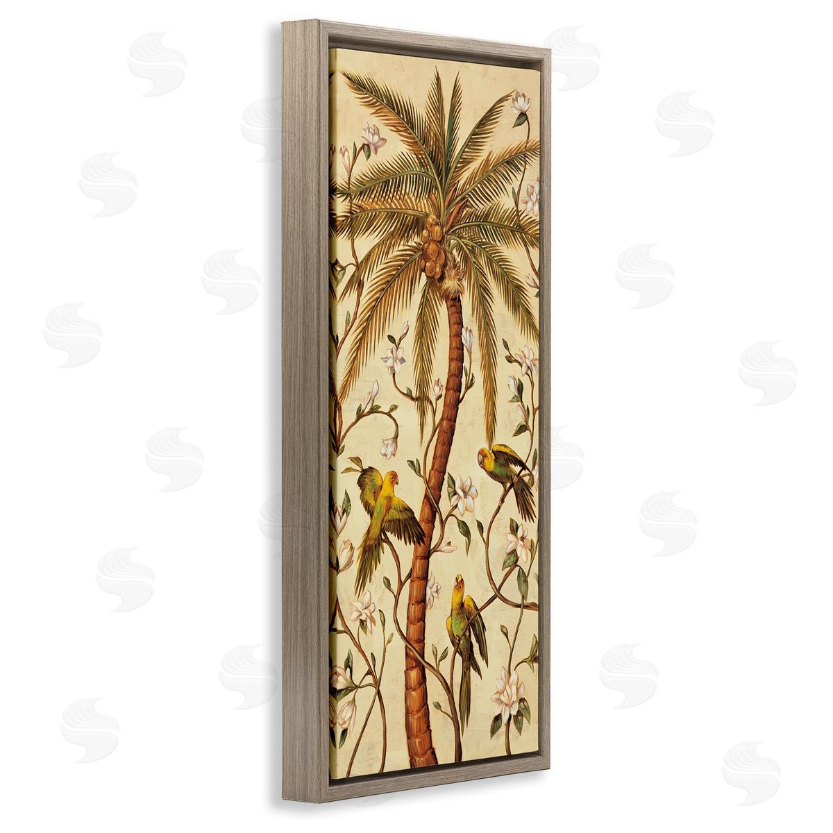 Parrots & Curvy Palm Tree Brown Floating Frame Canvas Wall Art, Home Decor by Rodolfo Jimenez